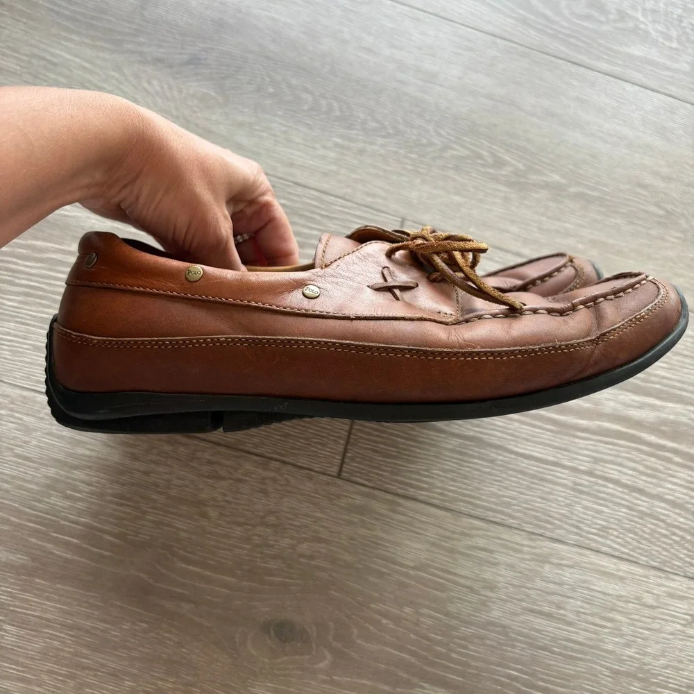 Polo Ralph Lauren Mens Tan Leather Boat Shoes Moc Toe Loafers AAM19420 9.5 D